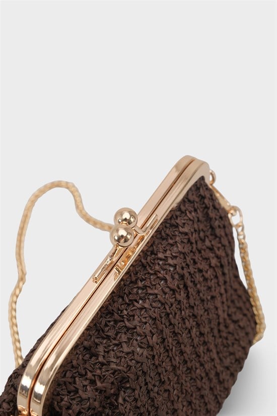 Capone Nice Raffia Look Snap Closure Chain Strap Women Brown Bag image 5