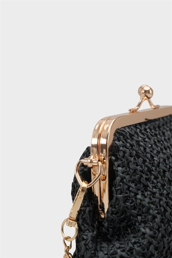 Capone Nice Raffia Look Snap Closure Chain Strap Women Black Bag image 4