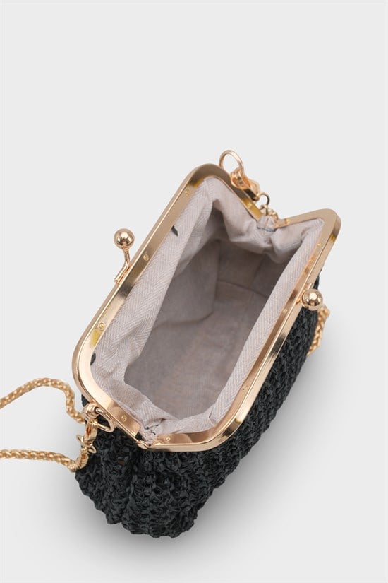 Capone Nice Raffia Look Snap Closure Chain Strap Women Black Bag image 6