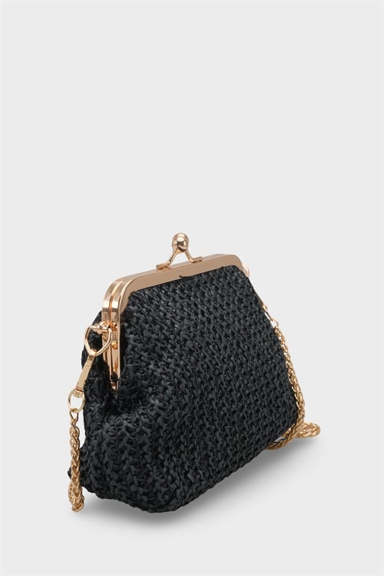 Capone Nice Raffia Look Snap Closure Chain Strap Women Black Bag image 3