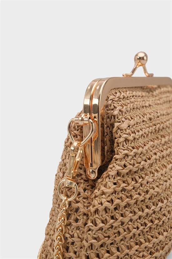Capone Nice Raffia Look Snap Closure Chain Strap Women Mink Bag image 4