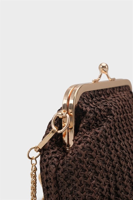 Capone Nice Raffia Look Snap Closure Chain Strap Women Brown Bag image 4