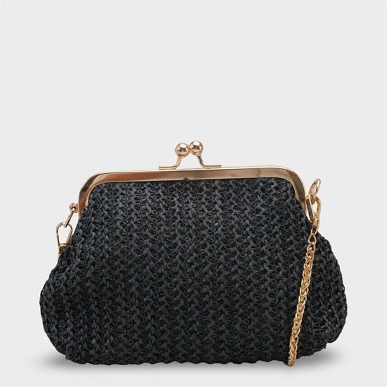 Capone Nice Raffia Look Snap Closure Chain Strap Women Black Bag