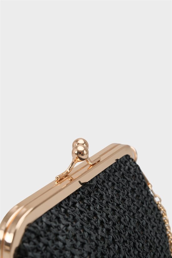 Capone Nice Raffia Look Snap Closure Chain Strap Women Black Bag image 5