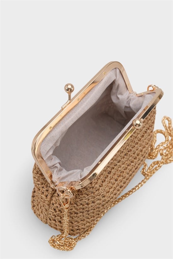 Capone Nice Raffia Look Snap Closure Chain Strap Women Mink Bag image 6