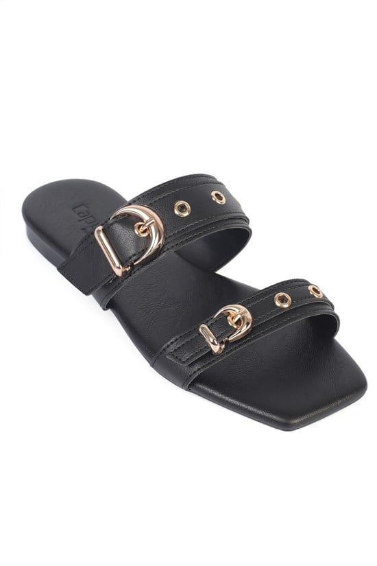 Capone Niki Square Toe Metal Double Buckle Flat Heel Women Black Sandal