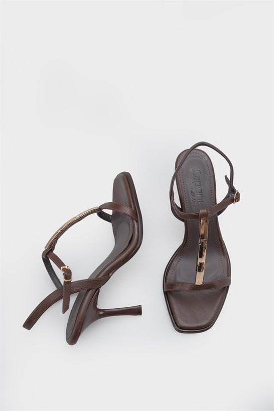 Capone Nikkie Square Toe Metal Single Band Mid Heel Ankle Strap Women Brown Shoe image 6