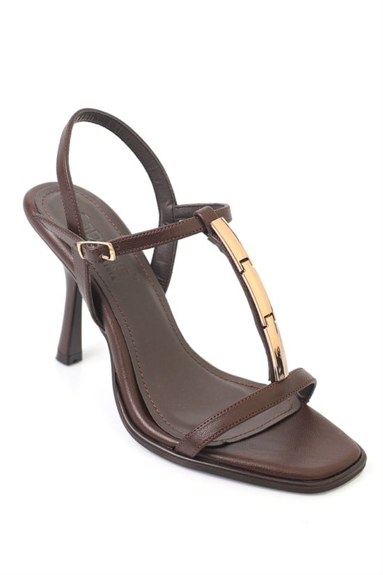 Capone Nikkie Square Toe Metal Single Band Mid Heel Ankle Strap Women Brown Shoe