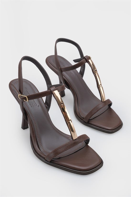 Capone Nikkie Square Toe Metal Single Band Mid Heel Ankle Strap Women Brown Shoe image 4