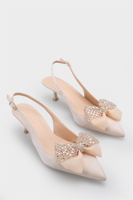 Capone Nikolia Crystal Embellished Bow Detail Pointed Toe Satin Mid Heel Women Beige Shoe image 4