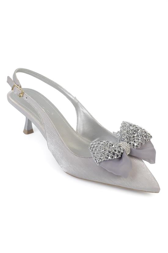 Capone Nikolia Crystal Embellished Bow Detail Pointed Toe Satin Mid Heel Women Silver Shoe