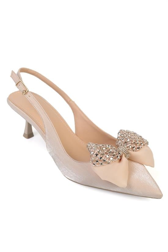 Capone Nikolia Crystal Embellished Bow Detail Pointed Toe Satin Mid Heel Women Beige Shoe