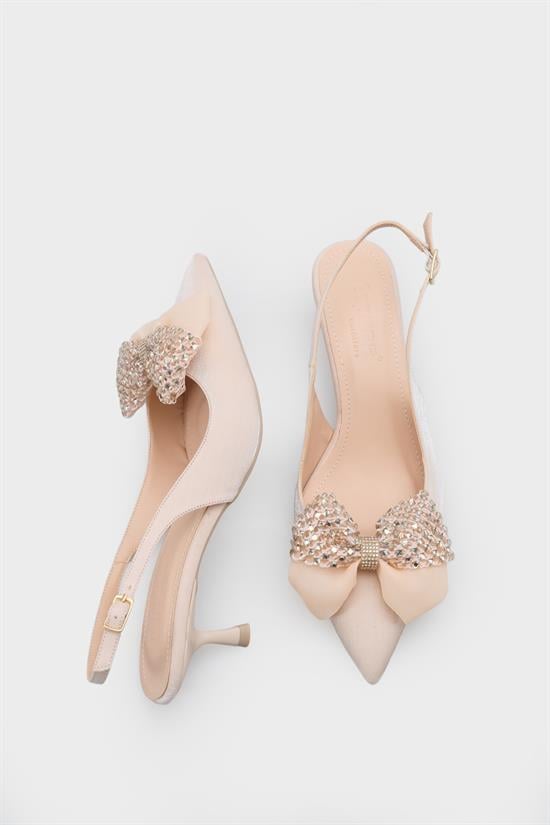 Capone Nikolia Crystal Embellished Bow Detail Pointed Toe Satin Mid Heel Women Beige Shoe image 6