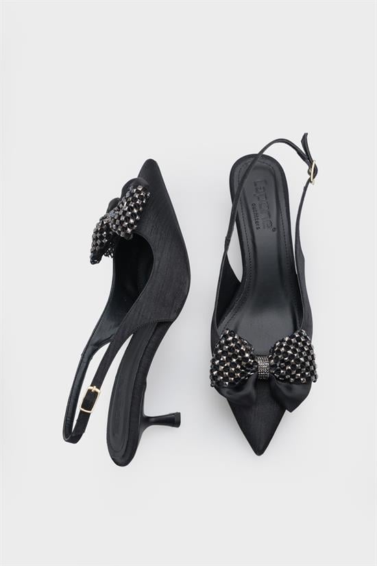 Capone Nikolia Crystal Embellished Bow Detail Pointed Toe Satin Mid Heel Women Black Shoe image 6