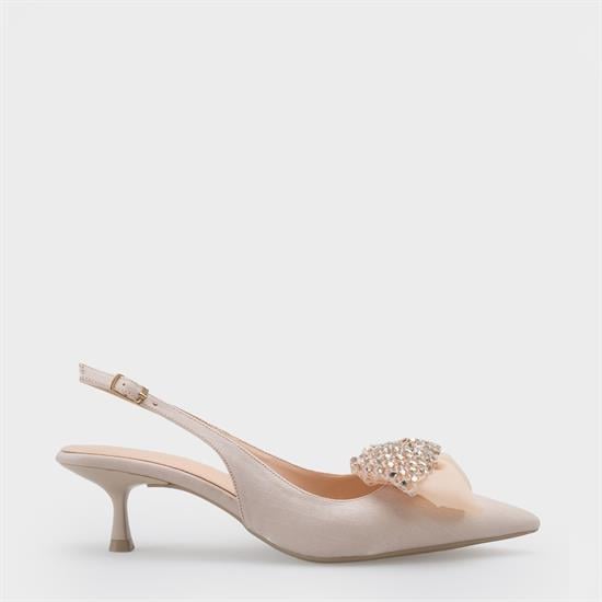 Capone Nikolia Crystal Embellished Bow Detail Pointed Toe Satin Mid Heel Women Beige Shoe image 3