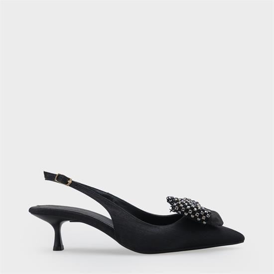 Capone Nikolia Crystal Embellished Bow Detail Pointed Toe Satin Mid Heel Women Black Shoe image 3