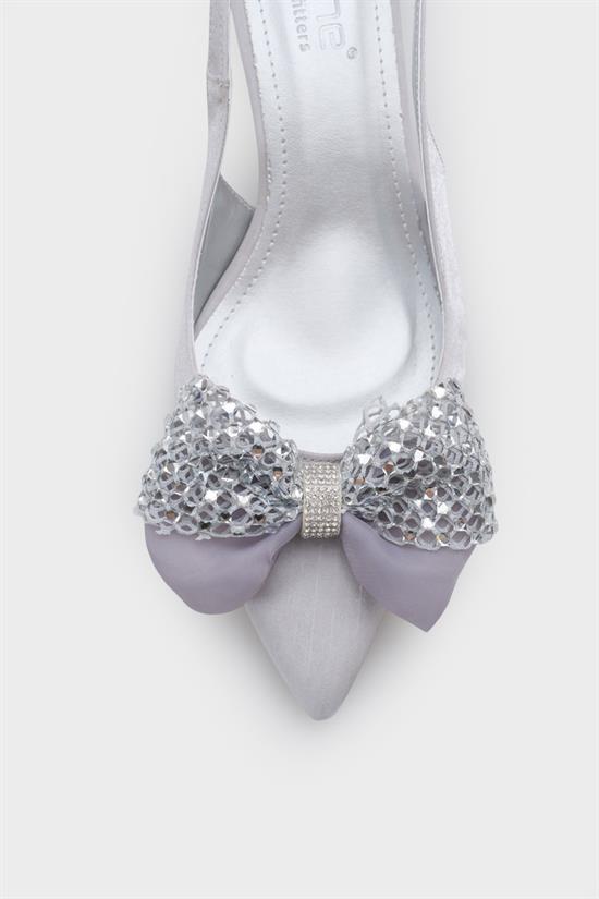 Capone Nikolia Crystal Embellished Bow Detail Pointed Toe Satin Mid Heel Women Silver Shoe image 5
