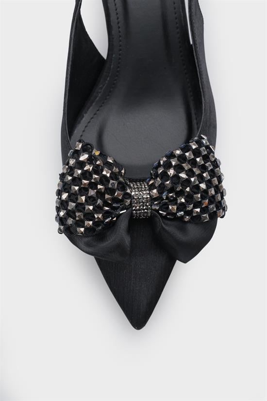 Capone Nikolia Crystal Embellished Bow Detail Pointed Toe Satin Mid Heel Women Black Shoe image 5