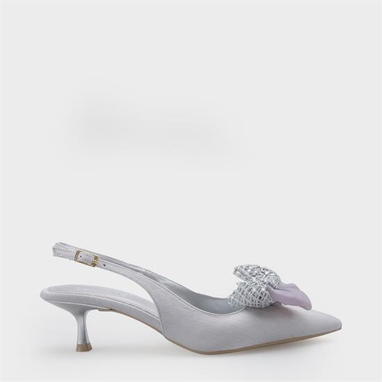 Capone Nikolia Crystal Embellished Bow Detail Pointed Toe Satin Mid Heel Women Silver Shoe image 3