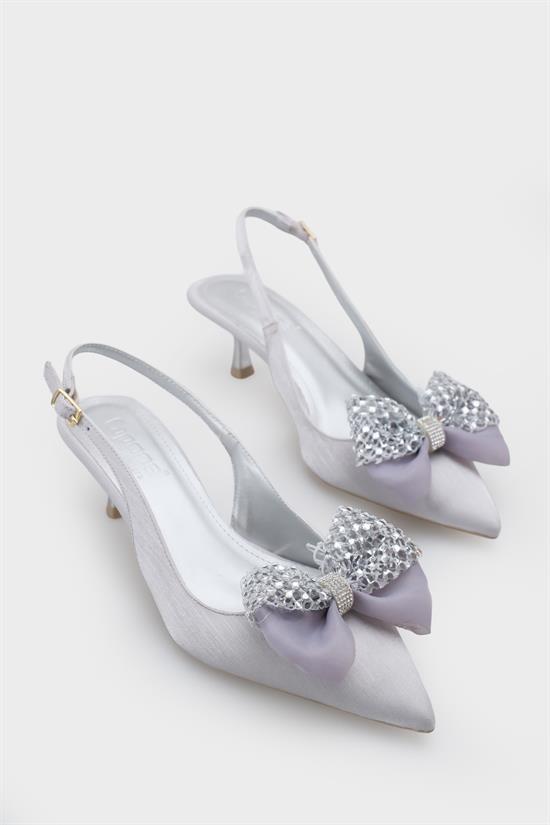 Capone Nikolia Crystal Embellished Bow Detail Pointed Toe Satin Mid Heel Women Silver Shoe image 4