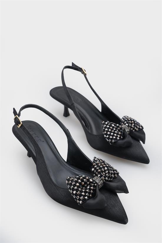 Capone Nikolia Crystal Embellished Bow Detail Pointed Toe Satin Mid Heel Women Black Shoe image 4