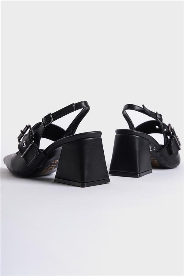 Capone Riva Open Back Banded Buckle Detailed Thick Heeled Women Black Shoes image 3