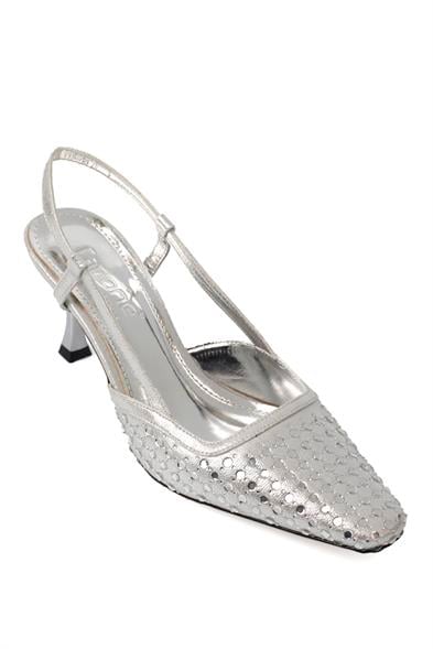 Capone Sandi Open Back Blunt Toe Crystal Embellished Mid Heeled Women Silver Shoes