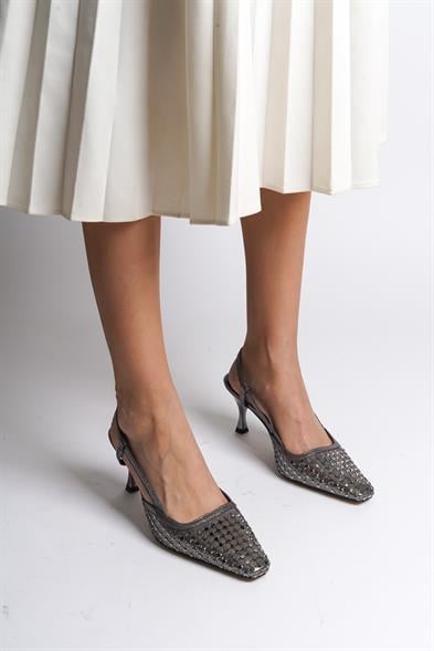 Capone Open Back Blunt Toe Crystal Embellished Mid Heeled Women Platinum Shoes image 6