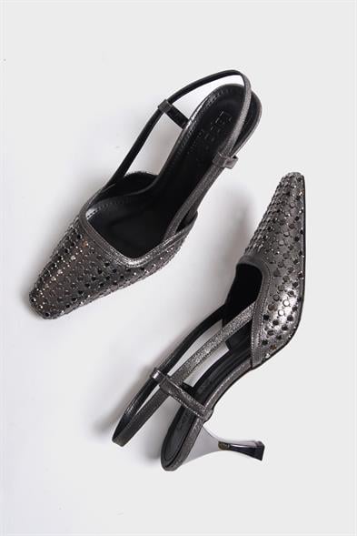 Capone Open Back Blunt Toe Crystal Embellished Mid Heeled Women Platinum Shoes image 2