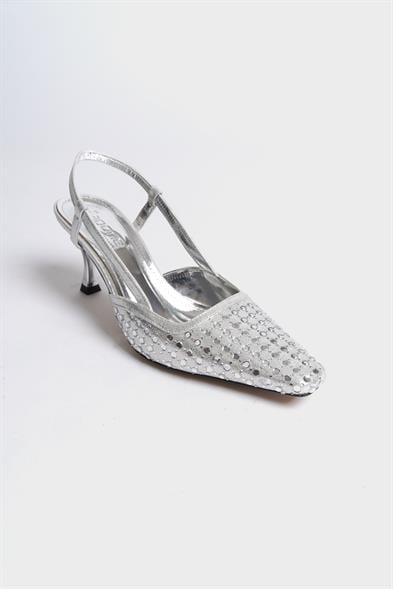 Capone Sandi Open Back Blunt Toe Crystal Embellished Mid Heeled Women Silver Shoes image 5
