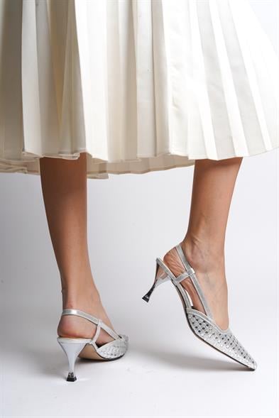 Capone Sandi Open Back Blunt Toe Crystal Embellished Mid Heeled Women Silver Shoes image 3