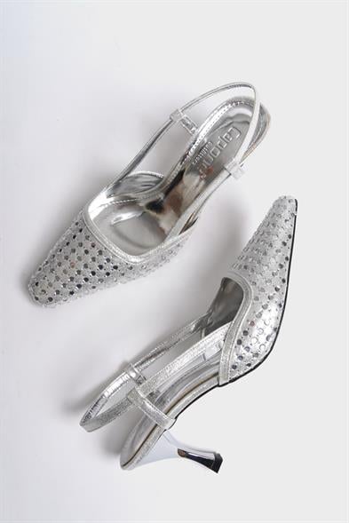 Capone Sandi Open Back Blunt Toe Crystal Embellished Mid Heeled Women Silver Shoes image 6