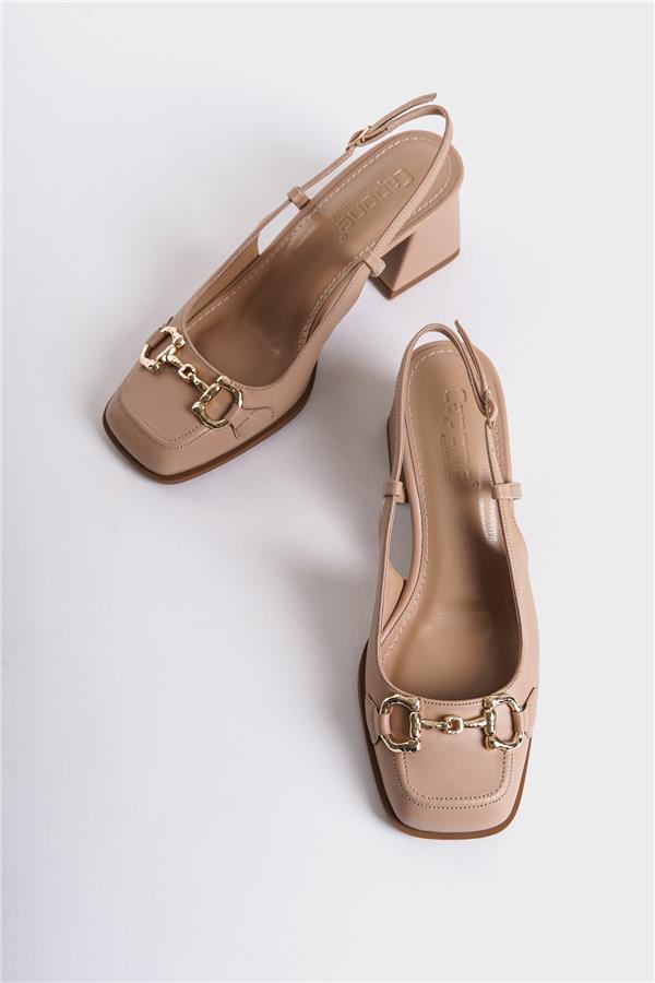 Capone Quinn Open Back Blunt Toe Thick Heeled Buckled Women Beige Shoes image 2