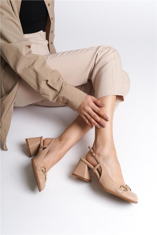 Capone Quinn Open Back Blunt Toe Thick Heeled Buckled Women Beige Shoes image 5