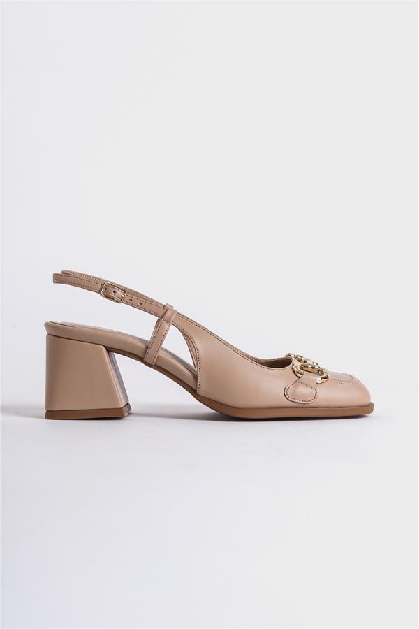 Capone Quinn Open Back Blunt Toe Thick Heeled Buckled Women Beige Shoes image 4