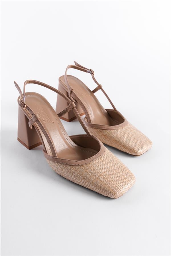 Capone Paige Open Back Blunt Toe Thick Heeled Wicker Women Beige Shoes