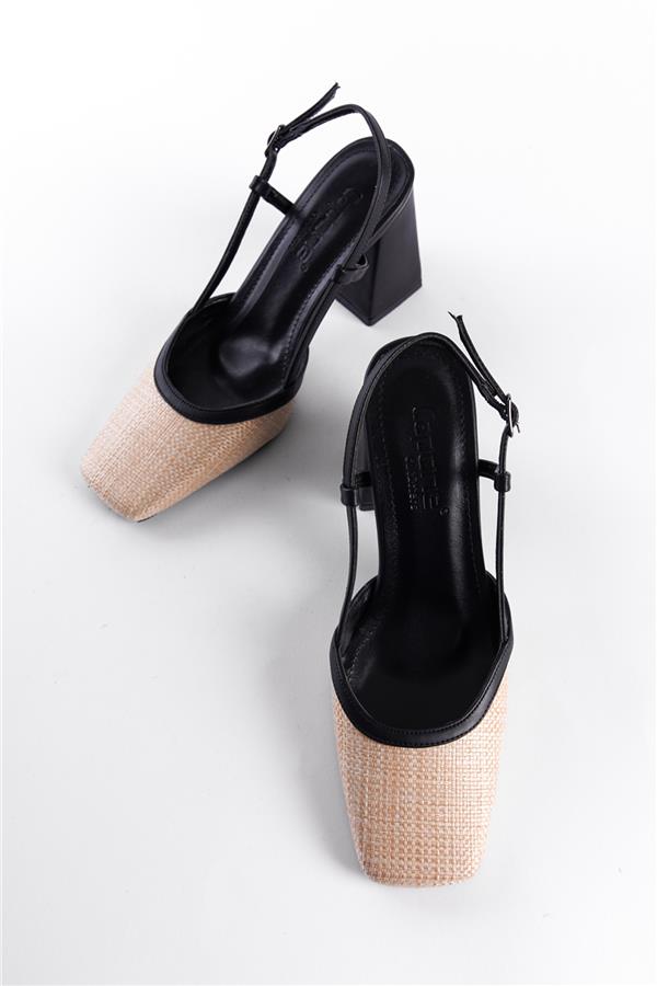 Capone Paige Open Back Blunt Toe Thick Heeled Wicker Women Black Shoes image 3