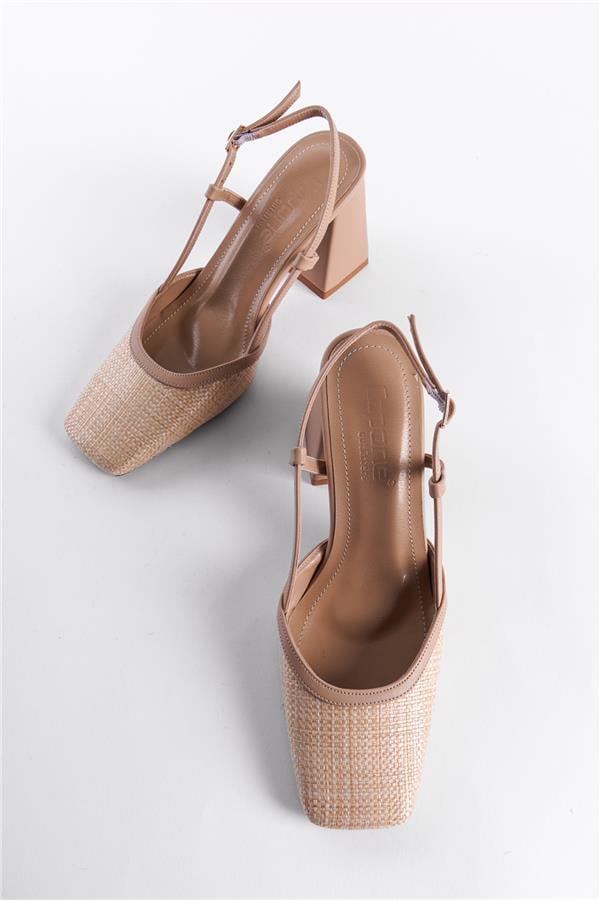Capone Paige Open Back Blunt Toe Thick Heeled Wicker Women Beige Shoes image 2