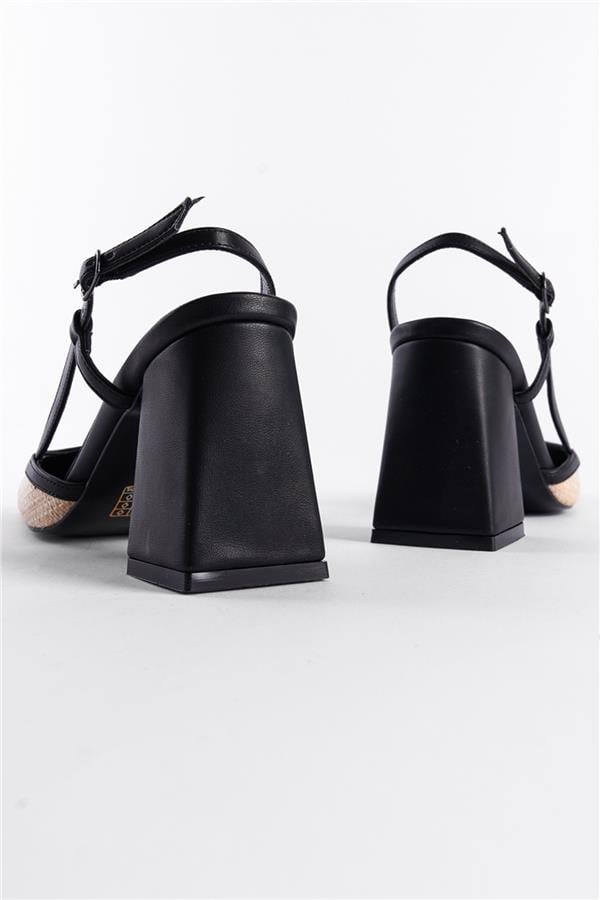 Capone Paige Open Back Blunt Toe Thick Heeled Wicker Women Black Shoes image 4