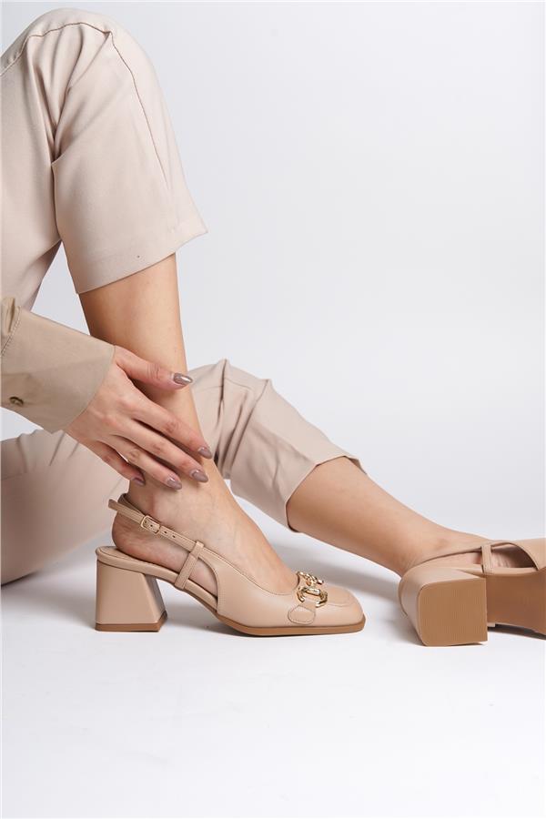 Capone Quinn Open Back Blunt Toe Thick Heeled Buckled Women Beige Shoes image 6