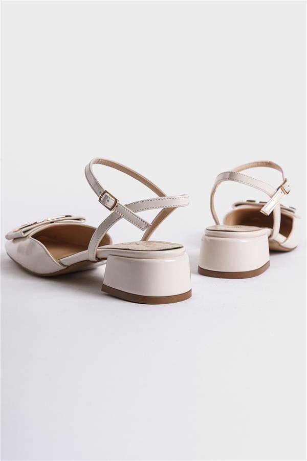 Capone Open Back Buckled Low Heeled Women Ecru Shoes image 4