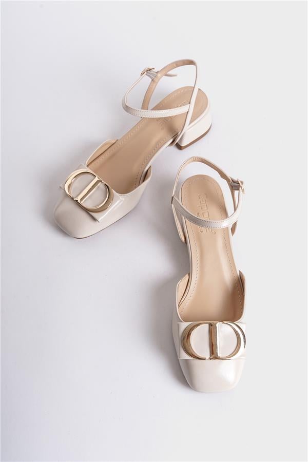 Capone Open Back Buckled Low Heeled Women Ecru Shoes