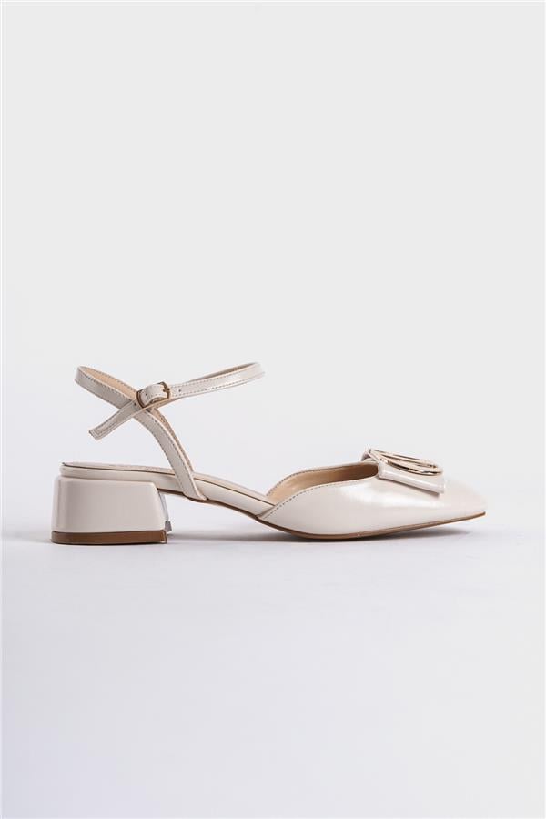 Capone Open Back Buckled Low Heeled Women Ecru Shoes image 3