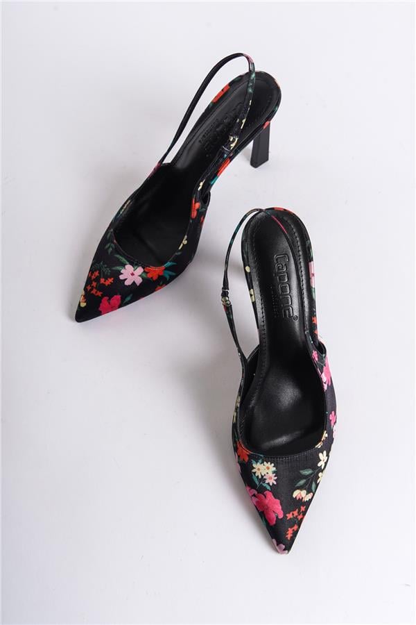 Capone Rebeca Open Back Pointed Toe High Heeled Flower Patterned Women Black Shoes image 3