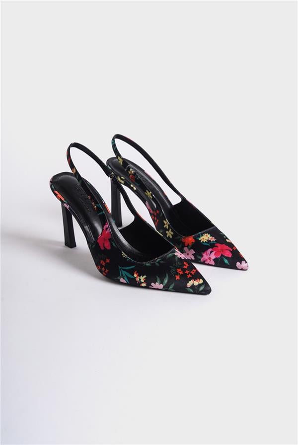 Capone Rebeca Open Back Pointed Toe High Heeled Flower Patterned Women Black Shoes