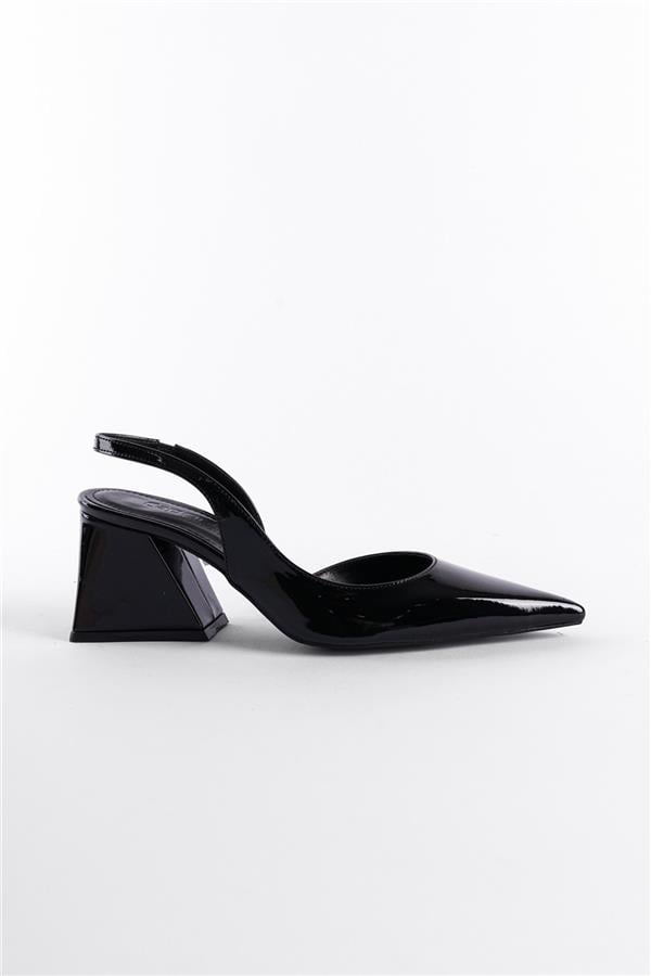 Capone Robby Open Back Pointed Toe Mid Heel Patent Leather Women Patent Black Shoes