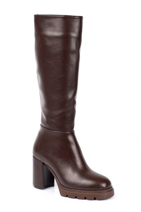 Capone Ophelia Side Zip Round Toe Track Sole Chunky Heel Casual Women Brown Boot