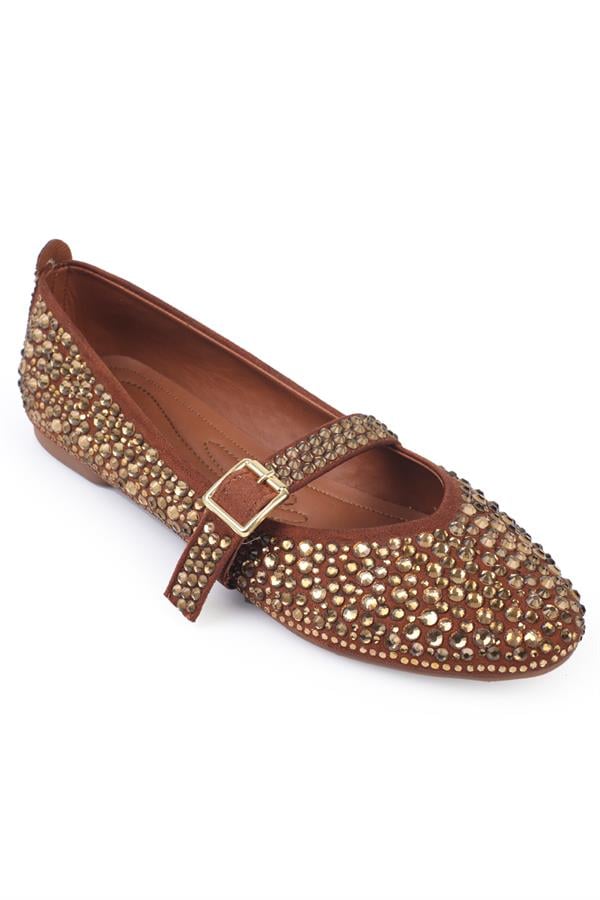 Capone Brapu Crystal Embellished Belt Detailed Women Tan Rose Ballerinas image 1
