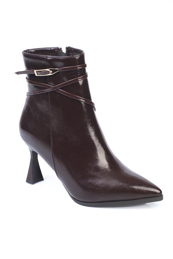 Capone Isabella Buckle Pointed Toe Elegant Heeled Women Brown Ankle Boot