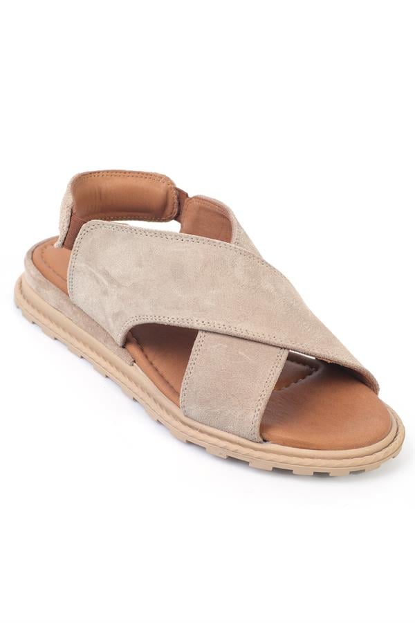 Capone Elvira Cross Velcro Strapped Leather Women Beige Sandals